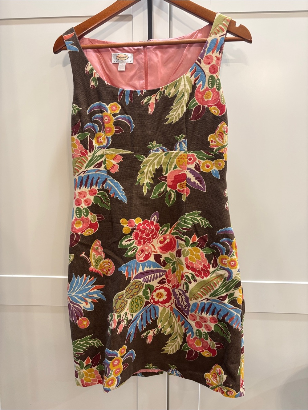 100% Cotton Tropical Floral Sheath Dress in Brown and Pink